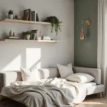 Photorealistic Scandinavian bedroom with soft morning light, featuring a light grey daybed, layered linens, floating oak shelves, brass sconce, full-length mirror, and sage green walls.