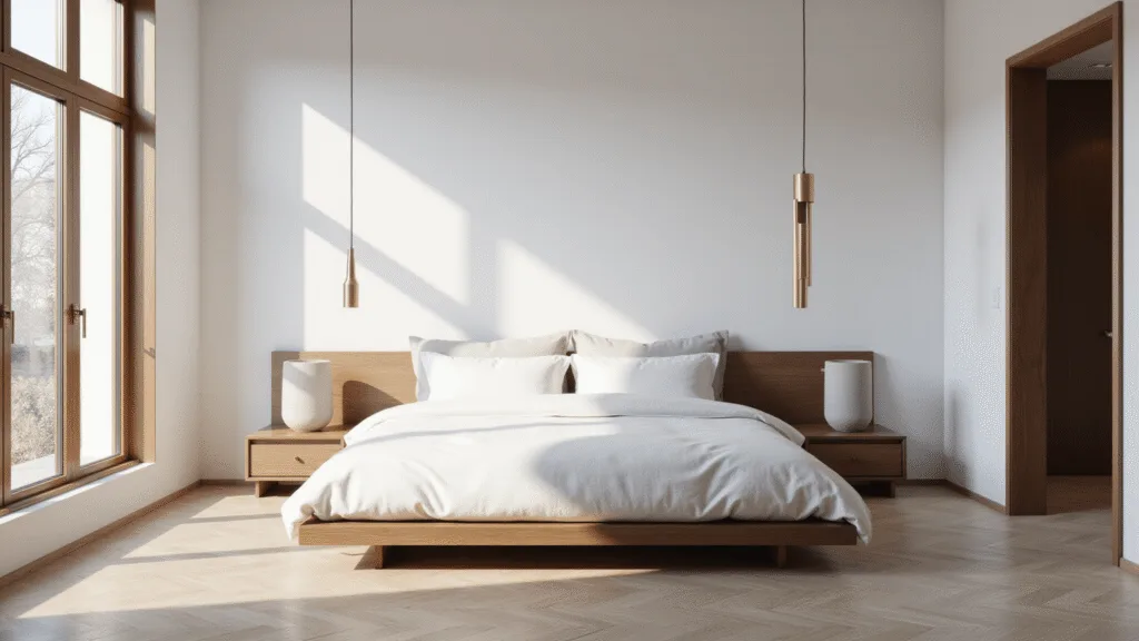 A serene modern bedroom featuring a low-profile walnut platform bed with white linen bedding, bathed in soft morning light from floor-to-ceiling windows, with a minimalist aesthetic, brushed brass accents, and herringbone oak flooring.