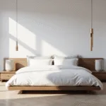 A serene modern bedroom featuring a low-profile walnut platform bed with white linen bedding, bathed in soft morning light from floor-to-ceiling windows, with a minimalist aesthetic, brushed brass accents, and herringbone oak flooring.
