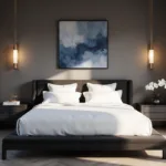 A photorealistic image of a serene modern minimalist bedroom featuring a black platform bed with white linens, brass wall sconces, herringbone flooring, an abstract canvas, and floor-to-ceiling windows with sheer curtains.