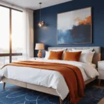 Luxurious master bedroom with navy and light blue walls, a modern platform king bed, burnt orange pillows, abstract artwork, brass pendant lights, and floor-to-ceiling windows with sheer curtains during golden hour.
