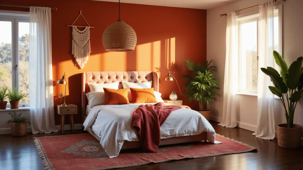 A warmly lit modern bohemian bedroom featuring a blush pink velvet tufted headboard, terracotta accent wall, Moroccan rugs, rattan pendant light casting shadows, and sunset-filtered light through sheer curtains, accented with potted plants and brass elements.