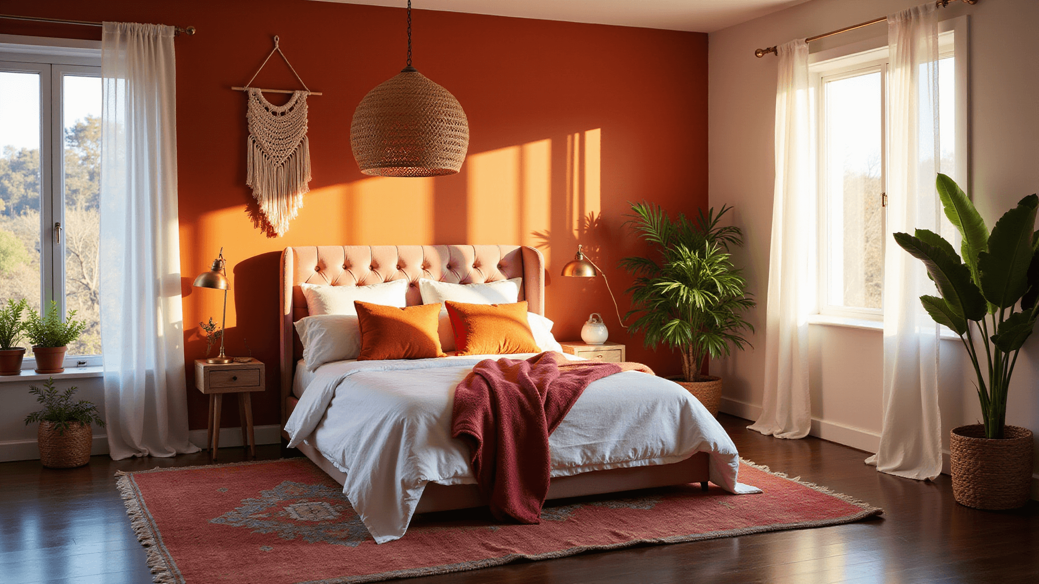 A warmly lit modern bohemian bedroom featuring a blush pink velvet tufted headboard, terracotta accent wall, Moroccan rugs, rattan pendant light casting shadows, and sunset-filtered light through sheer curtains, accented with potted plants and brass elements.