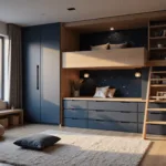 Golden hour view of a modern boy's bedroom with a loft bed, integrated desk, gaming area, reading nook, and smart storage solutions, featuring deep blues, warm woods, and metallic accents.