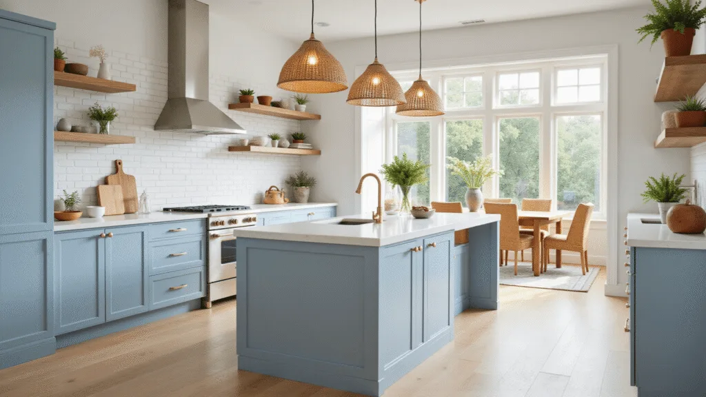 Photorealistic interior of a sunlit modern coastal kitchen with powder blue shaker cabinets, white quartz waterfall island, and floor-to-ceiling windows, featuring woven rattan pendant lights and cream subway tile backsplash, captured in soft morning light.