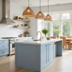 Photorealistic interior of a sunlit modern coastal kitchen with powder blue shaker cabinets, white quartz waterfall island, and floor-to-ceiling windows, featuring woven rattan pendant lights and cream subway tile backsplash, captured in soft morning light.