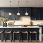 Photorealistic interior of a luxurious modern coastal kitchen featuring navy blue shaker cabinets, white Carrara marble countertops, a central island with waterfall edges, artisanal vases, brushed brass accents, woven barstools, pearl white subway tile backsplash, and wide plank white oak flooring, illuminated by golden hour sunlight.