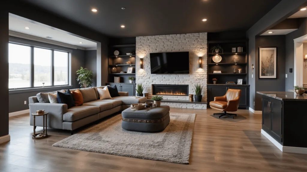 Photorealistic interior of a luxurious basement living space with modern decor, featuring charcoal walls, a gray velvet sectional, electric fireplace, and varied lighting accents.