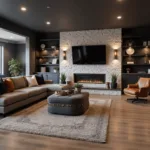Photorealistic interior of a luxurious basement living space with modern decor, featuring charcoal walls, a gray velvet sectional, electric fireplace, and varied lighting accents.