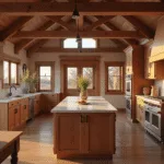 Photorealistic interior of a luxurious modern farmhouse kitchen featuring auburn knotty alder cabinets, a white marble island, and warm golden hour lighting, with vintage cookware and terracotta pots adding rustic charm.