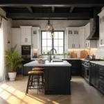A photorealistic modern farmhouse kitchen with a mix of white and black cabinetry, a white quartz waterfall island, oak floors, and exposed steel beams, illuminated by golden hour lighting through black-framed windows.