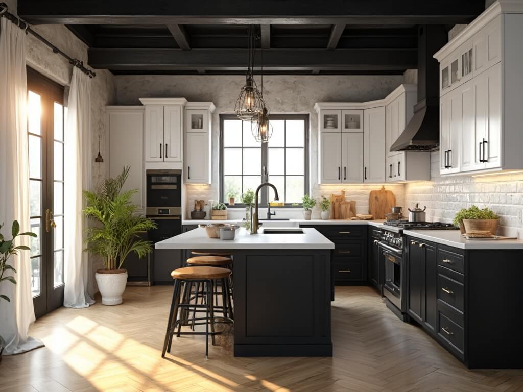 A photorealistic modern farmhouse kitchen with a mix of white and black cabinetry, a white quartz waterfall island, oak floors, and exposed steel beams, illuminated by golden hour lighting through black-framed windows.