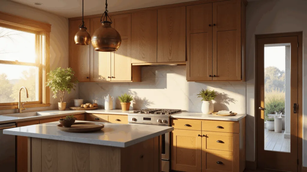A sunlit modern farmhouse kitchen featuring honey oak cabinets, white marble backsplash, and a butcher block island, captured in warm golden hour light with dramatic shadows and soft bokeh.