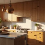 A sunlit modern farmhouse kitchen featuring honey oak cabinets, white marble backsplash, and a butcher block island, captured in warm golden hour light with dramatic shadows and soft bokeh.