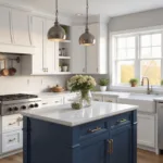 A bright, airy modern farmhouse kitchen with white Shaker-style cabinets featuring brushed gold hardware, a navy blue island, and a farmhouse sink under a large window illuminated by golden hour lighting; Carrara marble countertops and stainless steel appliances enhance the elegance, with hanging copper cookware and potted herbs on the windowsill adding charm.