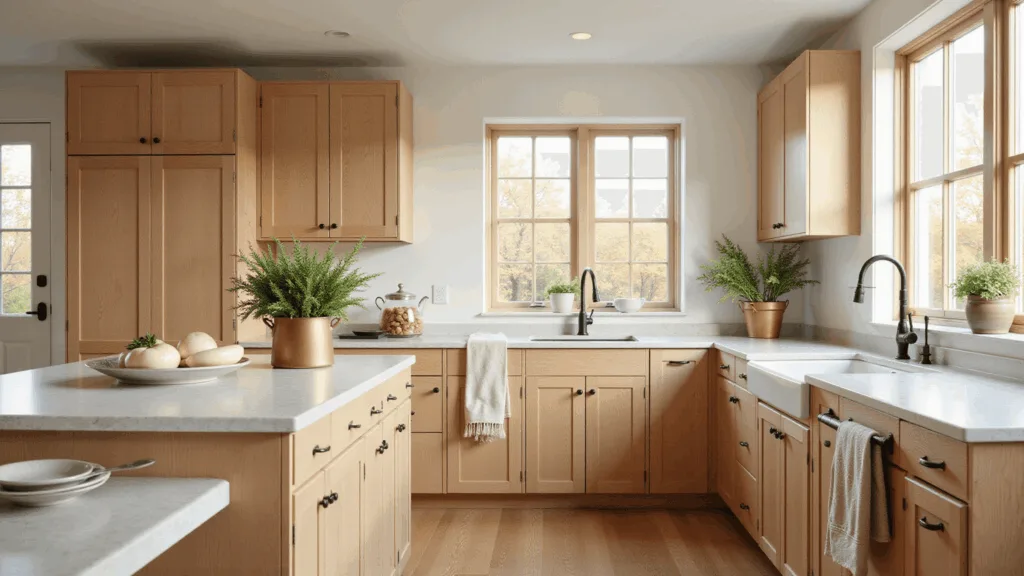 Spacious modern farmhouse kitchen featuring white oak Shaker-style cabinets, quartz countertops, and natural light; styled with cream ceramics and herbs, captured in warm tones with soft shadows.