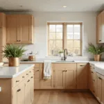 Spacious modern farmhouse kitchen featuring white oak Shaker-style cabinets, quartz countertops, and natural light; styled with cream ceramics and herbs, captured in warm tones with soft shadows.