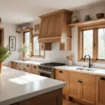 A photorealistic modern farmhouse kitchen featuring honey oak wood cabinets, white quartz countertops, and a large weathered wood island, illuminated by warm copper pendant lights and morning sunlight streaming through large windows.