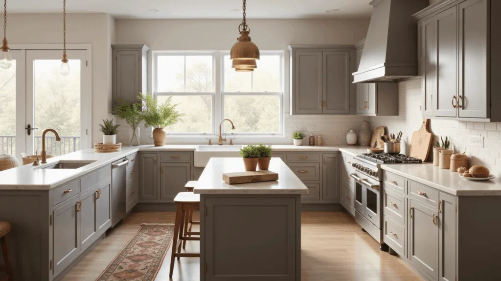 A spacious modern farmhouse kitchen with taupe shaker-style cabinets, creamy Calacatta marble countertops, and a large central island, illuminated by soft morning light through east-facing windows.