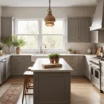 A spacious modern farmhouse kitchen with taupe shaker-style cabinets, creamy Calacatta marble countertops, and a large central island, illuminated by soft morning light through east-facing windows.