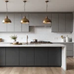 A modern gray kitchen interior featuring dove gray shaker cabinets, a white quartz waterfall island, deep graphite lower cabinets, and brushed brass pendant lights, captured in soft morning light with a minimalist and atmospheric composition.