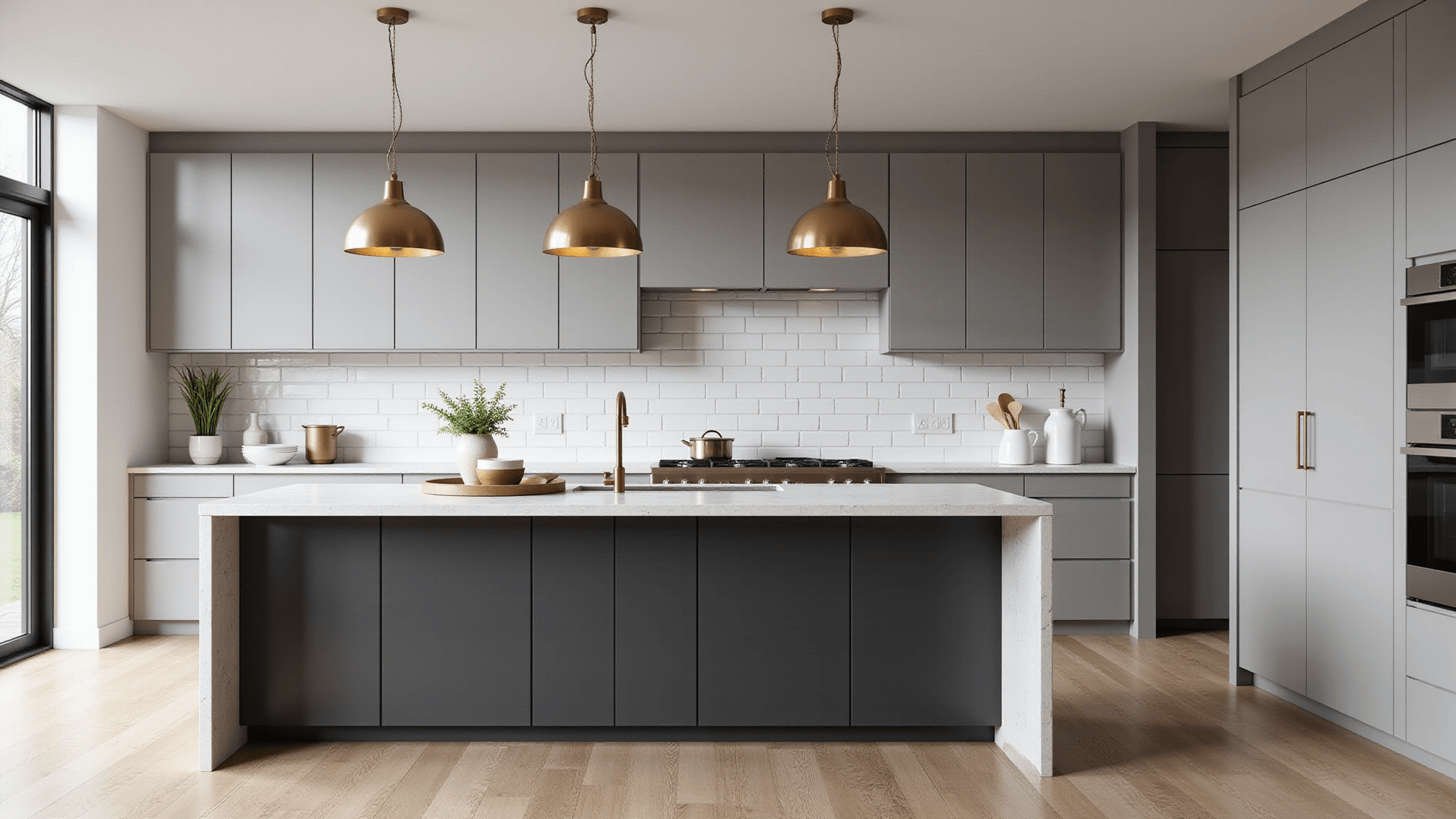 A modern gray kitchen interior featuring dove gray shaker cabinets, a white quartz waterfall island, deep graphite lower cabinets, and brushed brass pendant lights, captured in soft morning light with a minimalist and atmospheric composition.