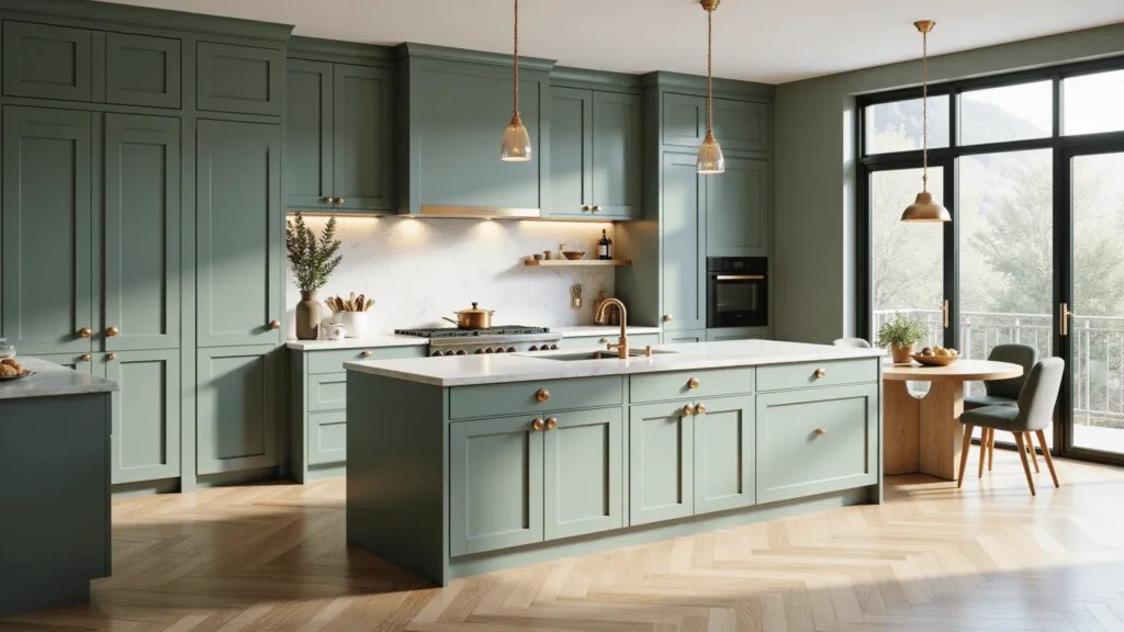Photorealistic image of a luxurious modern kitchen featuring sage green shaker cabinets, a quartz waterfall island, and warm golden pendant lighting, set in bright natural light with herringbone white oak flooring and styled with copper cookware and eucalyptus.