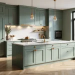 Photorealistic image of a luxurious modern kitchen featuring sage green shaker cabinets, a quartz waterfall island, and warm golden pendant lighting, set in bright natural light with herringbone white oak flooring and styled with copper cookware and eucalyptus.