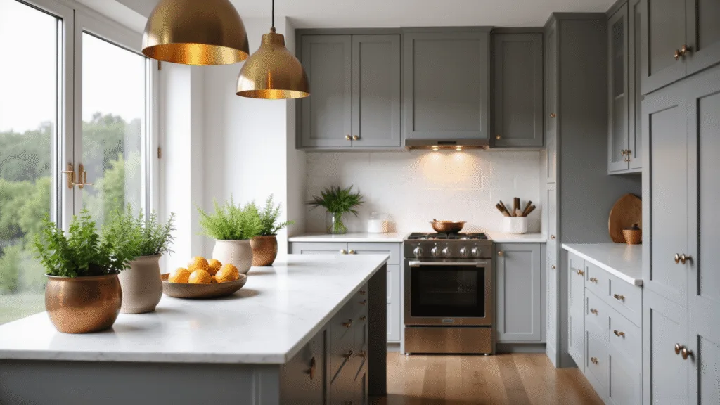 Photorealistic modern kitchen featuring dove grey shaker cabinets, a white quartz waterfall island, and brushed brass pendant lights, complemented by floor-to-ceiling windows that allow natural light to flood the space, accented with artisanal ceramic vessels and fresh herbs in copper planters, all captured in high detail with a minimalist design aesthetic.