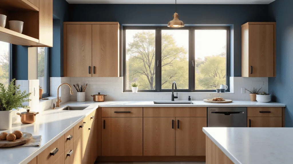 Photorealistic interior of a modern honey oak kitchen showcasing matte black hardware, white quartz countertops, navy blue walls, and brass pendant lights, with soft natural lighting and minimal styling including copper cookware and eucalyptus.