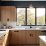 Photorealistic interior of a modern honey oak kitchen showcasing matte black hardware, white quartz countertops, navy blue walls, and brass pendant lights, with soft natural lighting and minimal styling including copper cookware and eucalyptus.