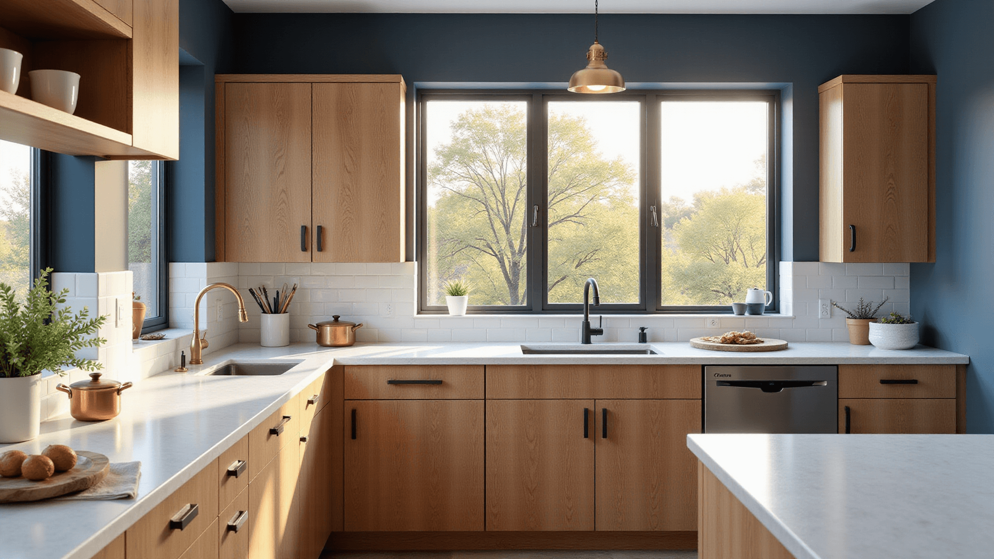 Photorealistic interior of a modern honey oak kitchen showcasing matte black hardware, white quartz countertops, navy blue walls, and brass pendant lights, with soft natural lighting and minimal styling including copper cookware and eucalyptus.