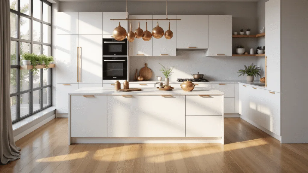 Photorealistic contemporary kitchen featuring white IKEA SEKTION cabinets with gold handles, a quartz waterfall island, oak flooring, and natural lighting from floor-to-ceiling windows.