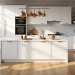 Photorealistic contemporary kitchen featuring white IKEA SEKTION cabinets with gold handles, a quartz waterfall island, oak flooring, and natural lighting from floor-to-ceiling windows.