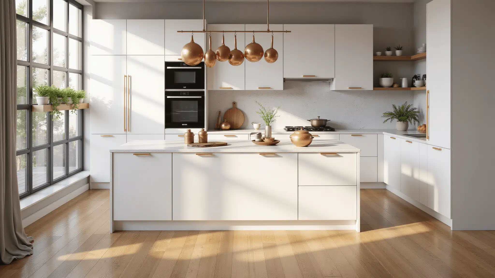 Photorealistic contemporary kitchen featuring white IKEA SEKTION cabinets with gold handles, a quartz waterfall island, oak flooring, and natural lighting from floor-to-ceiling windows.