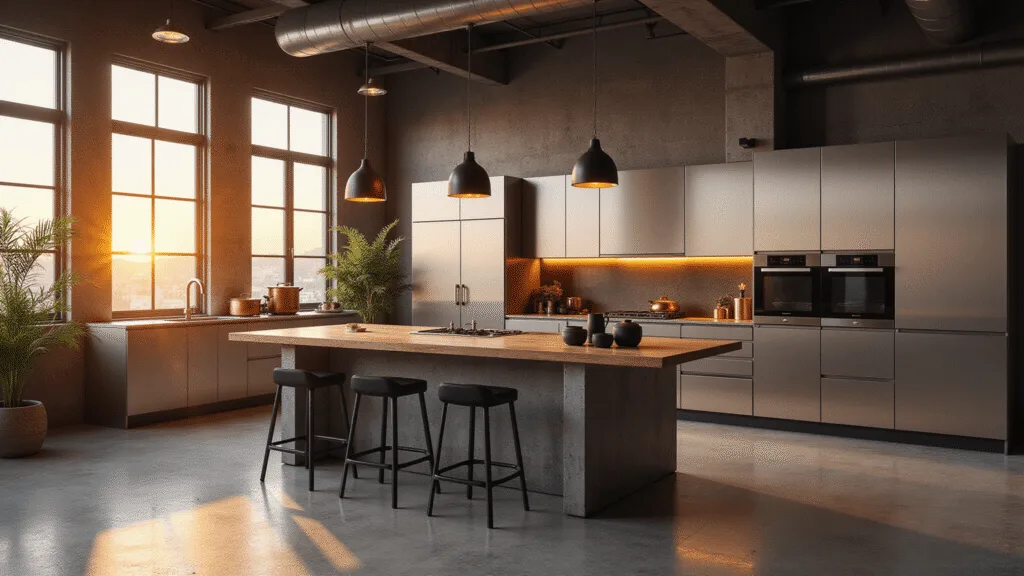 Photorealistic interior of a high-end industrial-chic kitchen at golden hour, featuring brushed aluminum cabinets, a monumental island with steel legs, polished concrete countertops, and copper accents, all illuminated by warm sunset light.