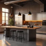Photorealistic interior of a high-end industrial-chic kitchen at golden hour, featuring brushed aluminum cabinets, a monumental island with steel legs, polished concrete countertops, and copper accents, all illuminated by warm sunset light.