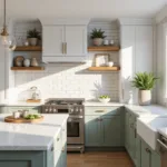 Photorealistic image of a modern, bright kitchen with white Shaker-style cabinets, brushed gold hardware, marble countertops, sage green lower cabinets, and a mix of open shelving with styled ceramics; natural light from large windows enhances soft shadows and coastal-inspired decor elements.