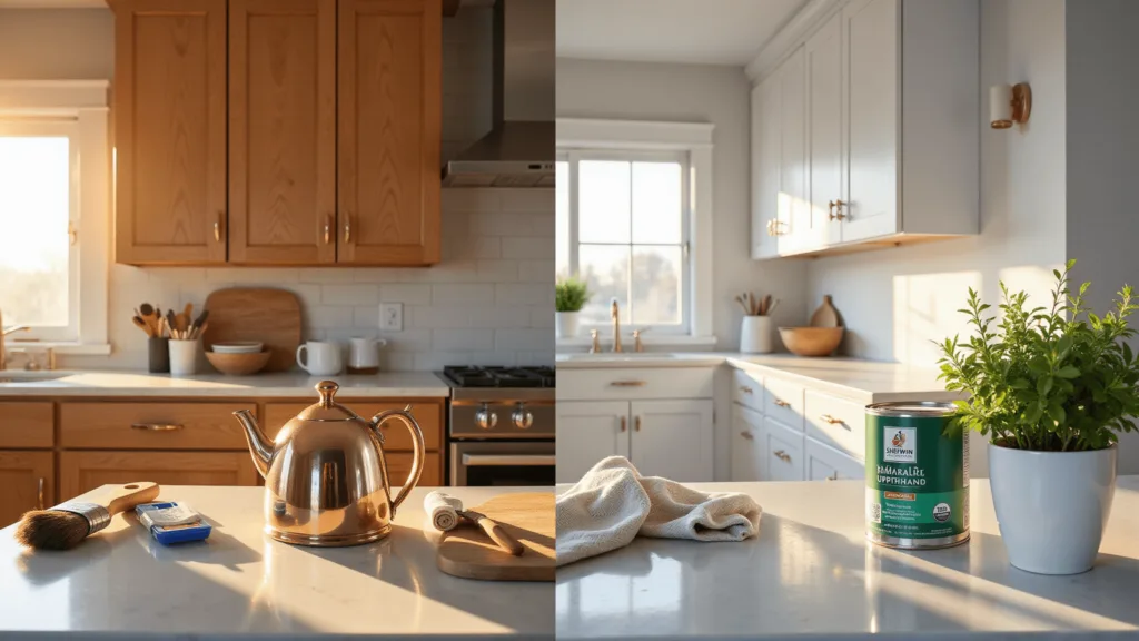 A photorealistic split image of a spacious kitchen during golden hour, contrasting dated oak cabinets on the left with modern white Shaker cabinets and gold hardware on the right. Sunlight highlights marble countertops and organized painting supplies in the foreground.