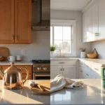 A photorealistic split image of a spacious kitchen during golden hour, contrasting dated oak cabinets on the left with modern white Shaker cabinets and gold hardware on the right. Sunlight highlights marble countertops and organized painting supplies in the foreground.