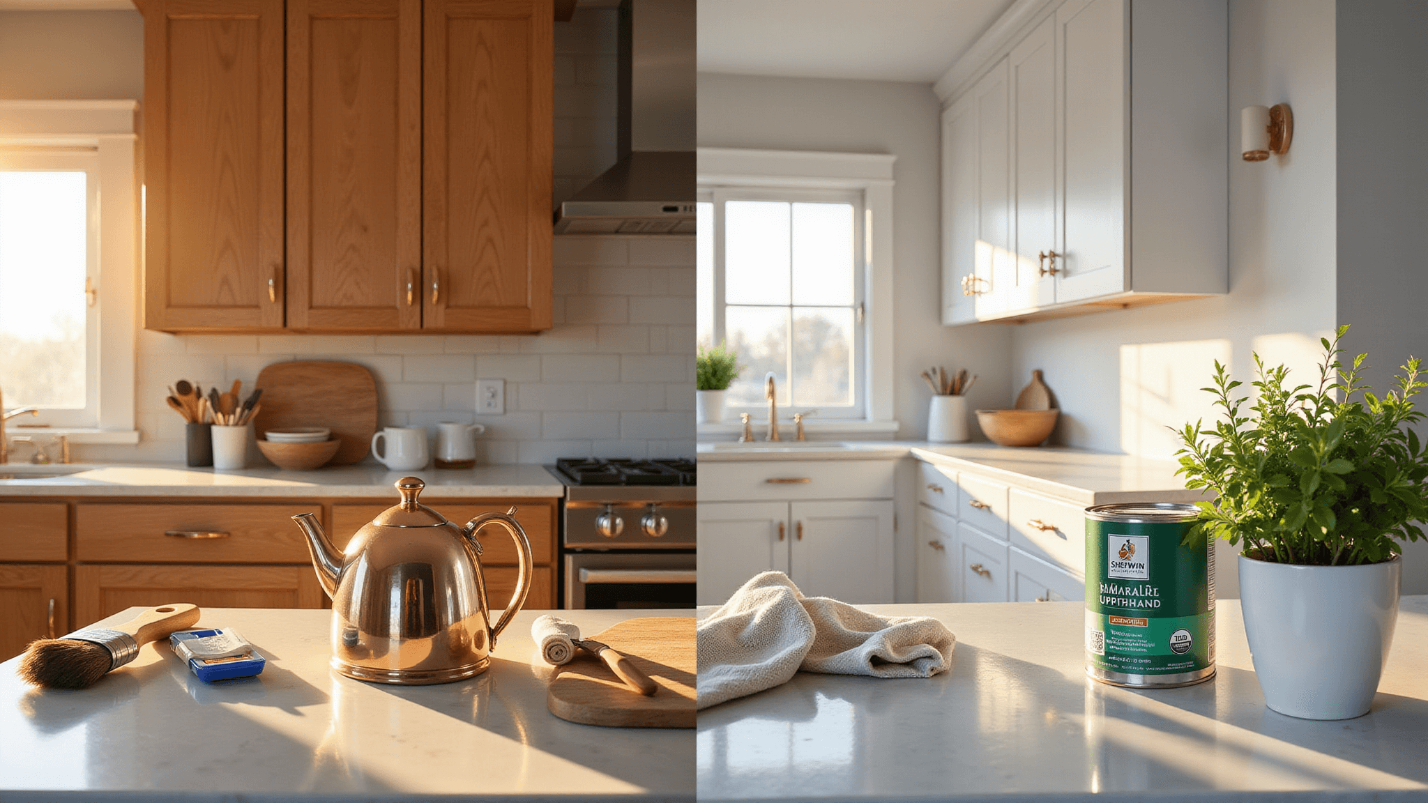 A photorealistic split image of a spacious kitchen during golden hour, contrasting dated oak cabinets on the left with modern white Shaker cabinets and gold hardware on the right. Sunlight highlights marble countertops and organized painting supplies in the foreground.