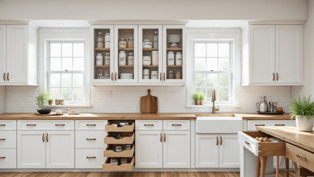 Photorealistic interior of a modern kitchen with white shaker cabinets featuring glass fronts, organized dry goods in clear glass containers, and pull-out chrome organizers, showcasing a minimalist design with a warm color palette and strategic negative space.