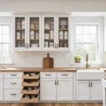 Photorealistic interior of a modern kitchen with white shaker cabinets featuring glass fronts, organized dry goods in clear glass containers, and pull-out chrome organizers, showcasing a minimalist design with a warm color palette and strategic negative space.