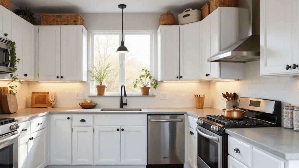 Photorealistic image of a bright contemporary kitchen featuring white shaker cabinets with decorative top styling, illuminated by golden hour sunlight from west-facing windows, showcasing copper cookware, vintage enamelware, and trailing pothos plants, accented with soft LED uplighting and a minimal color palette of whites, grays, and warm woods.