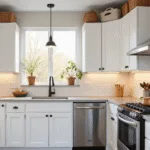 Photorealistic image of a bright contemporary kitchen featuring white shaker cabinets with decorative top styling, illuminated by golden hour sunlight from west-facing windows, showcasing copper cookware, vintage enamelware, and trailing pothos plants, accented with soft LED uplighting and a minimal color palette of whites, grays, and warm woods.