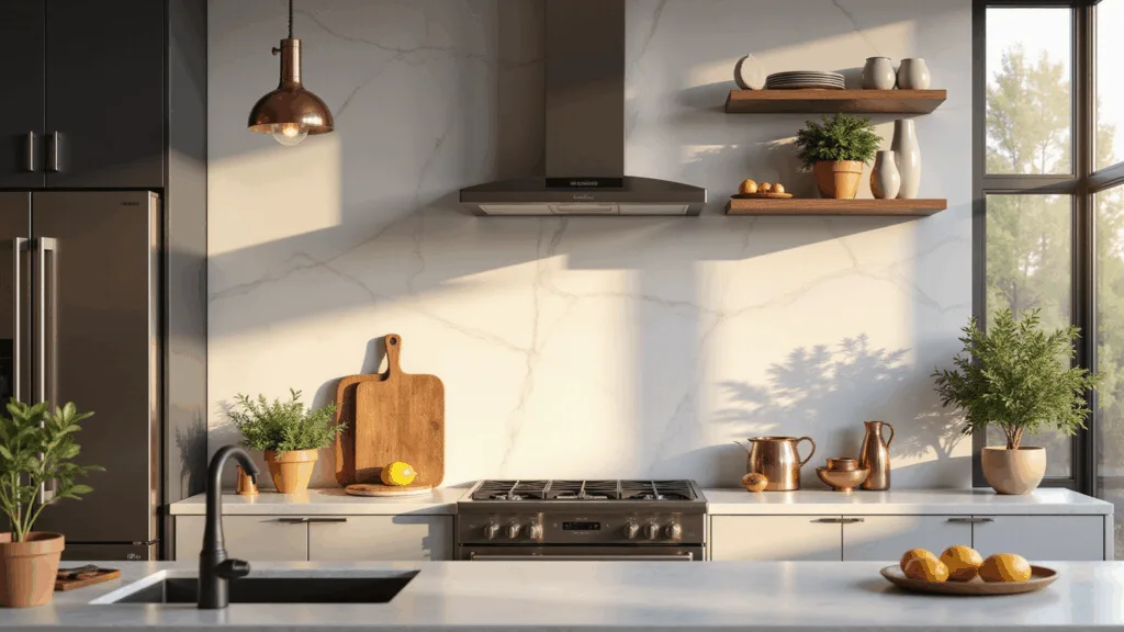 A modern kitchen backsplash featuring a white marble slab with dramatic veining, styled with copper accents, fresh herbs in terracotta pots, and warm golden hour lighting illuminating the scene through large windows.