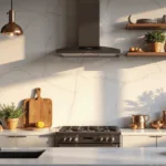 A modern kitchen backsplash featuring a white marble slab with dramatic veining, styled with copper accents, fresh herbs in terracotta pots, and warm golden hour lighting illuminating the scene through large windows.