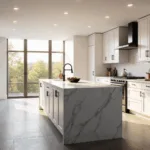A luxurious modern kitchen with white shaker cabinets, a large marble-look quartz island, and warm gray porcelain floors, lit by soft morning light and featuring minimal styling.