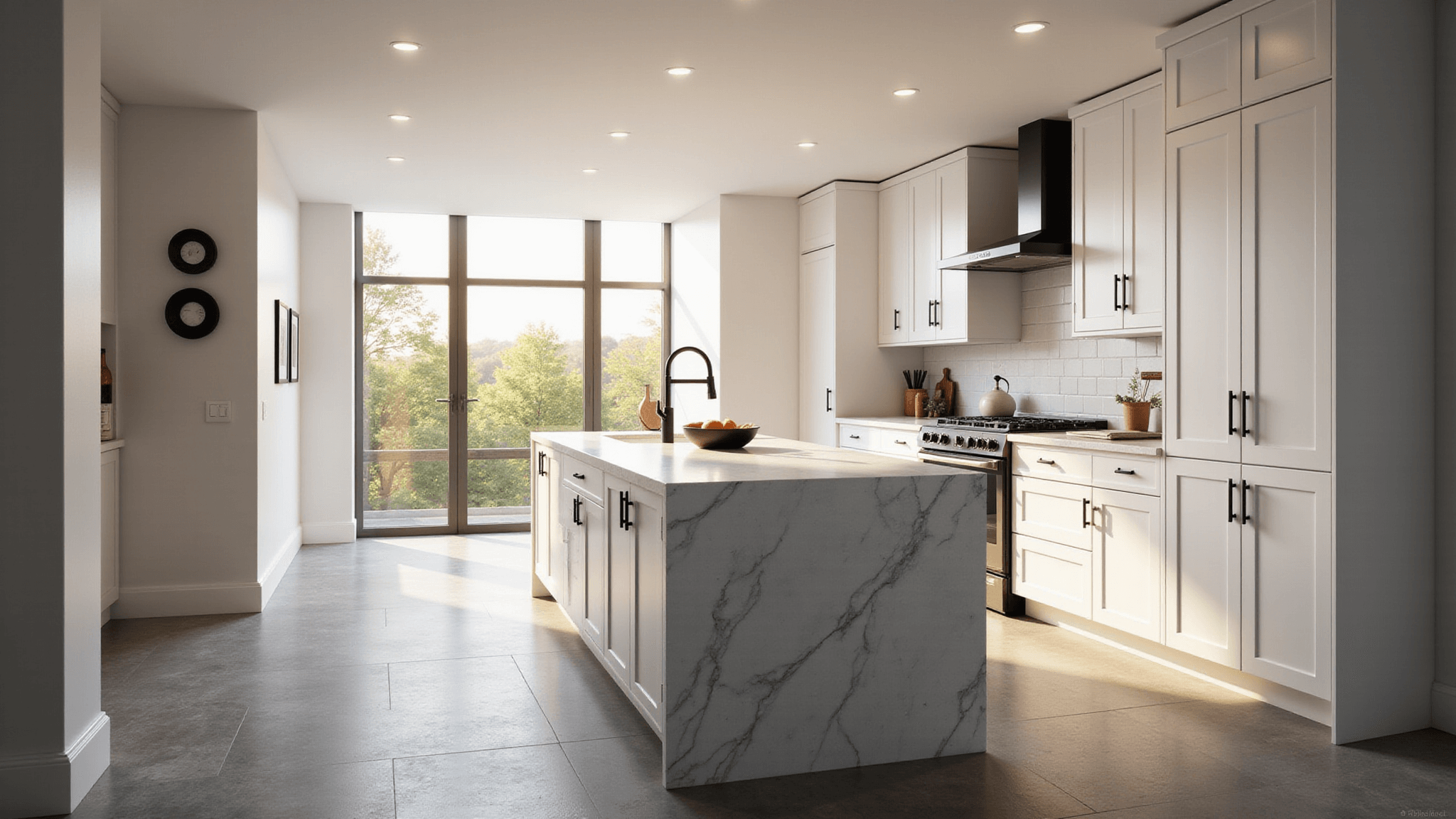 A luxurious modern kitchen with white shaker cabinets, a large marble-look quartz island, and warm gray porcelain floors, lit by soft morning light and featuring minimal styling.