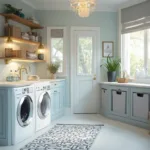 A modern, sunlit laundry room with blue walls, white trim, and pearl white appliances under a quartz countertop. Brass sconces and LED lights illuminate the space, featuring floating shelves with seagrass baskets and glass detergent dispensers. A geometric rug, ceiling-mounted drying rack, and vintage laundry ads add charm, while a ZZ plant sits on the windowsill. The room has a crystal mini-chandelier, grey linen hampers, and displays a warm, cozy aesthetic.